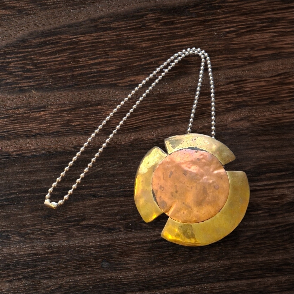 Large Vintage Gold and Copper Pendant Necklace Signed 26" 3.5" Pendant